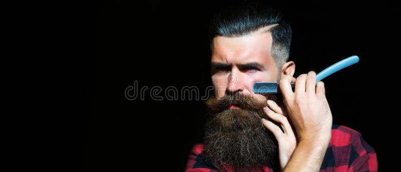 Beard Man with Black Beard, Bearded Gay. Barber with Razor on Black, Barbershop. Shaving in Barber Shop Stock Photo - Image of templates, poster: 237765670 Beard Man with Black Beard, Bearded Gay. Barber with Razor on Black, Barbershop. Shaving in Barber Shop Stock Photo - Image of templates, poster: 237765670