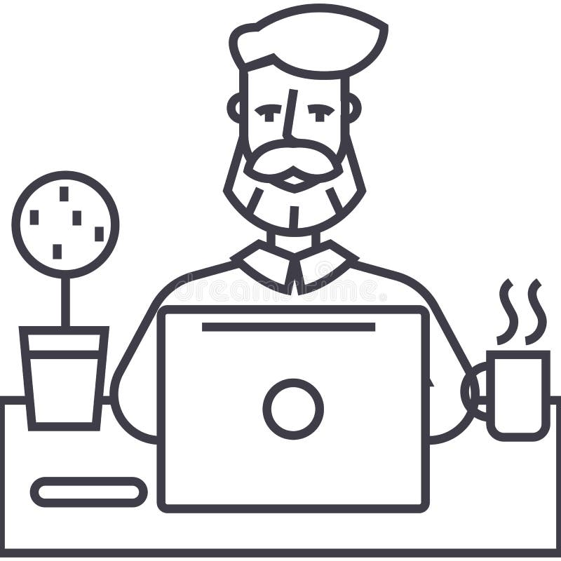 Beard man working on table with notebook vector line icon, sign, illustration on background, editable strokes royalty free illustration Beard man working on table with notebook vector line icon, sign, illustration on background, editable strokes royalty free illustration