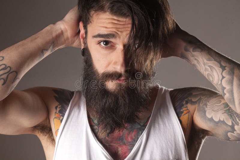 Close Up Portrait of Handsome Manly Guy with Beard Posing in Three ...