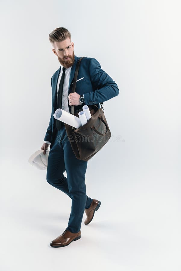 Bearded Businessman Hard Hat Blueprints Shoulder Bag Stock Photos