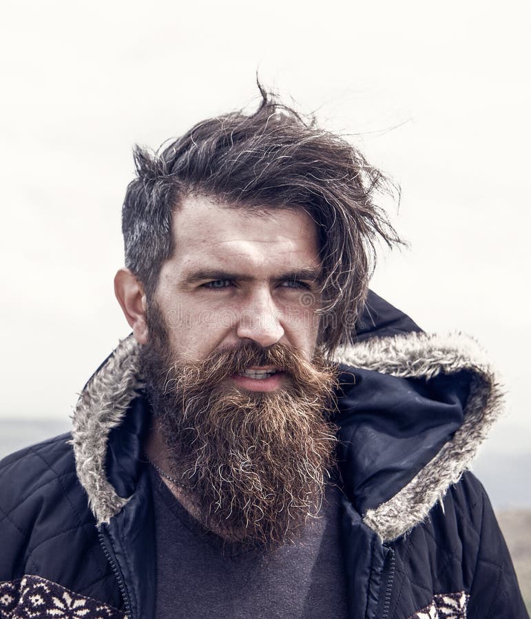 Bearded Handsome Serious Man on Mountain Top Stock Image - Image of ...