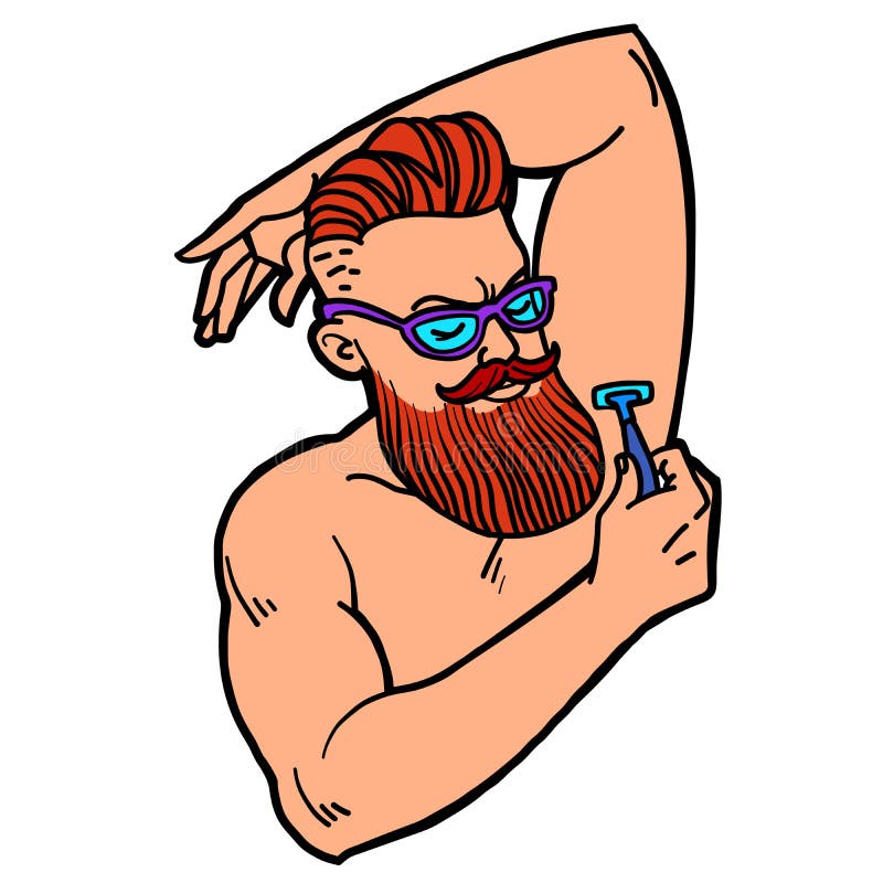 Bearded hipster man shaves his armpit with a razor stock illustration Bearded hipster man shaves his armpit with a razor stock illustration