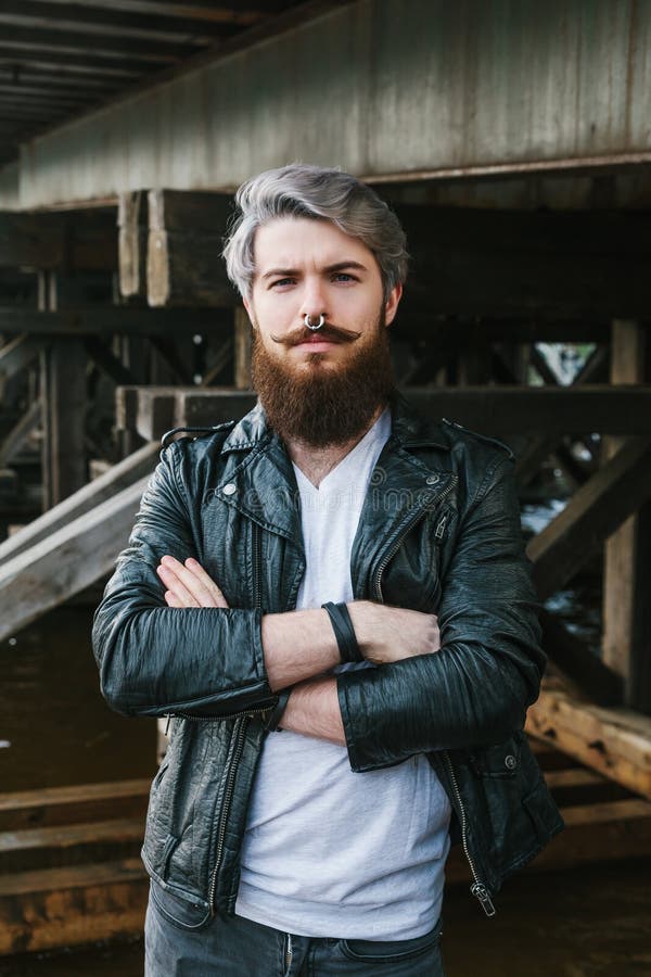 Bearded Hipster with Nose Ring in Leather Jacket Stock Image - Image of ...