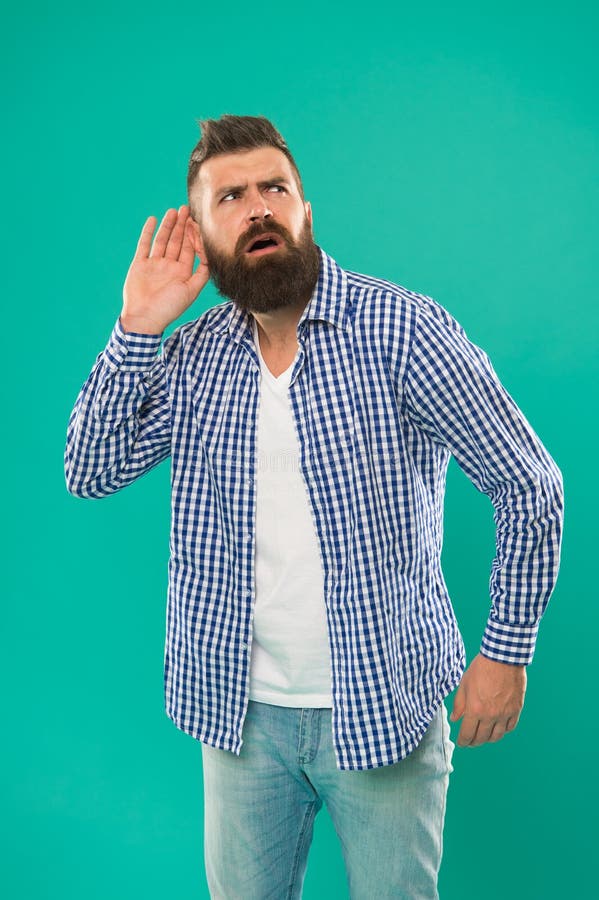 What. Eavesdrop on Conversations. Deafness or Hearing Loss. Hearing Disorder. Shocked Man Stock