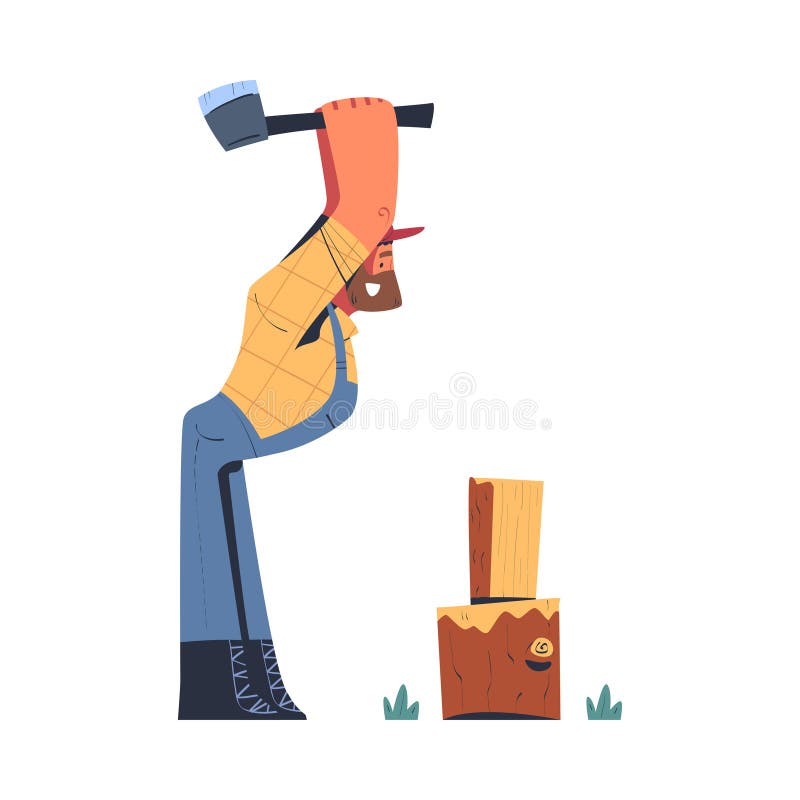 Bearded Man Logger or Lumberjack Cutting Tree Trunk Vector Set Stock