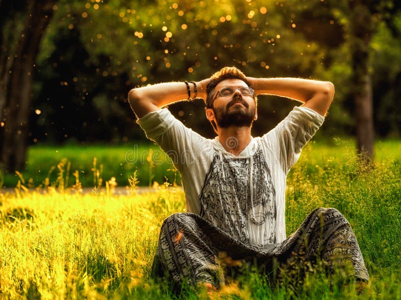 A bearded man is relaxing on green grass in the park stock photos A bearded man is relaxing on green grass in the park stock photos