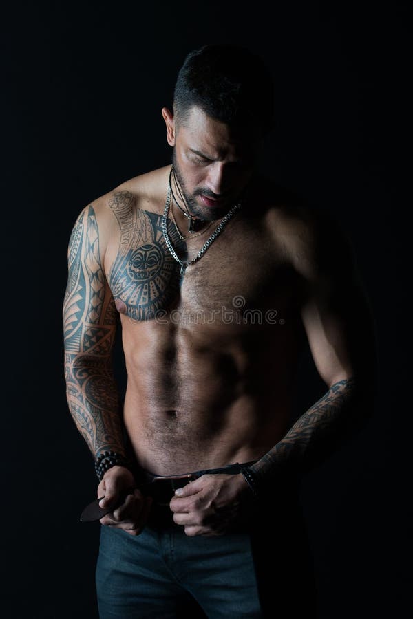 Bearded Man Shirtless with Fit Torso. Man with Tattoo Design on Skin Stock  Photo - Image of masculinity, bodycare: 125932536