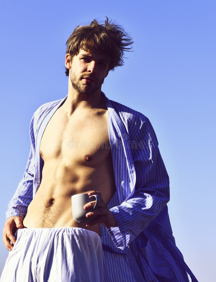 Caucasian Macho in Blue Striped Pajamas Stock Photo - Image of ...