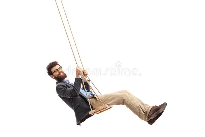 Delighted Young Man Swinging Wooden Swing Stock Photos Free & Royalty