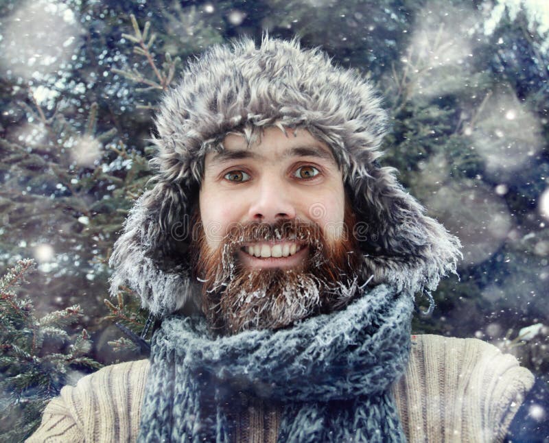Bearded Man in Winter Nature Stock Photo - Image of laughing, face ...