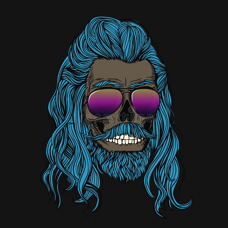 Bearded Skull with Long Blue Hair in Glasses. Stock Vector - Illustration  of design, background: 160488663