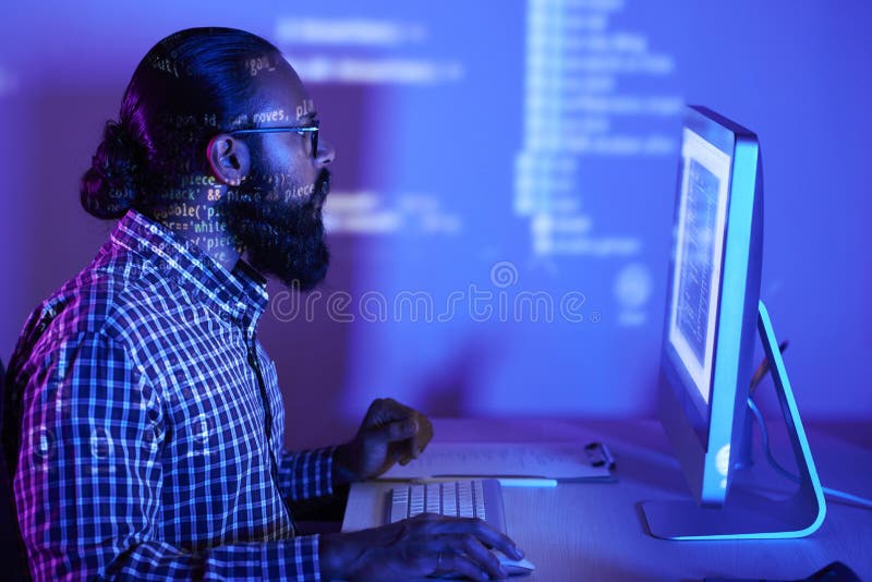 Software Developer Working on Computer in Dark Office Stock Image ...