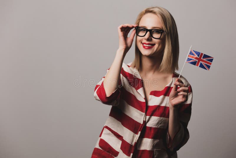 Girl Holds British Flag on Gray Background Stock Photo Image of