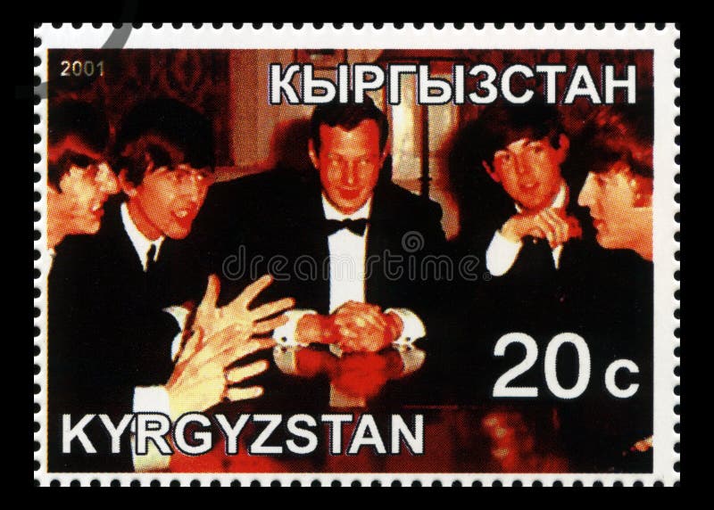 KYRGYZSTAN - CIRCA 2001: A Postage stamp from Kyrgyzstan portraying an image of The Beatles with their manager Brian Epstein, circa 2001. KYRGYZSTAN - CIRCA 2001: A Postage stamp from Kyrgyzstan portraying an image of The Beatles with their manager Brian Epstein, circa 2001.