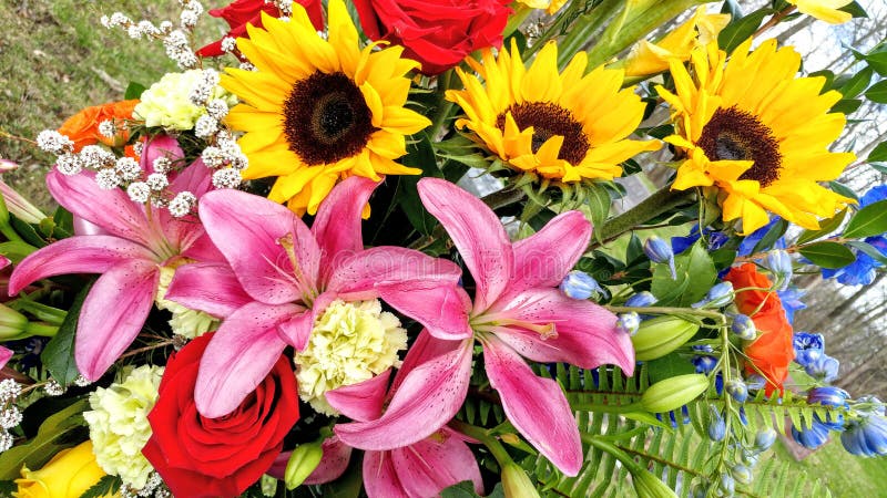 Beau bouquet floral, tournesols, Lillies, gla? eul, roses images stock