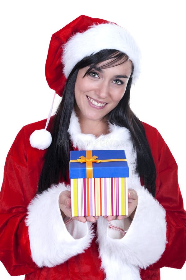 Beau brunette s'usant le père noël avec le cadeau photographie stock Beau brunette s'usant le père noël avec le cadeau photographie stock