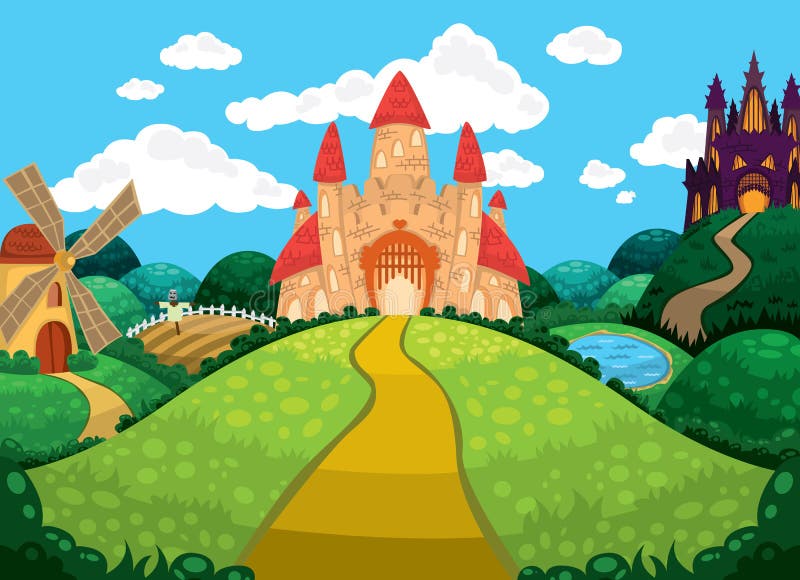 Beau fond avec les châteaux, l'étang, le moulin et les champs illustration libre de droits Beau fond avec les châteaux, l'étang, le moulin et les champs illustration libre de droits