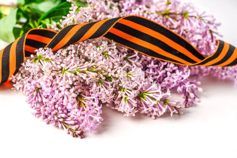 Beau fond floral avec st. george ribbon et lilac. bannière des fêtes de printemps avec une place pour le texte photographie stock libre de droits