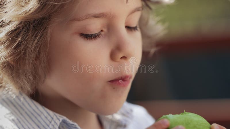 Beau garçon mordre crue pomme verte. dents saines mode de vie aliments biologiques frais clips vidéos