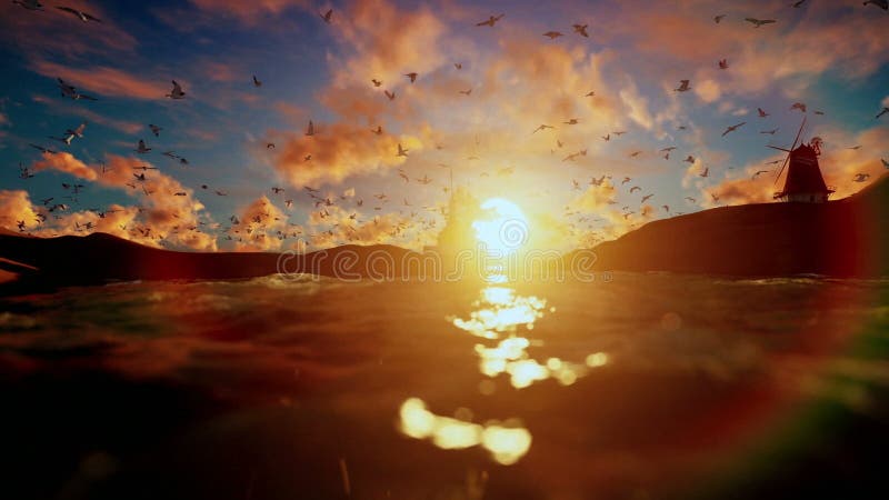 Beau lever de soleil avec le bateau de pêche, le moulin à vent et le vol de mouette