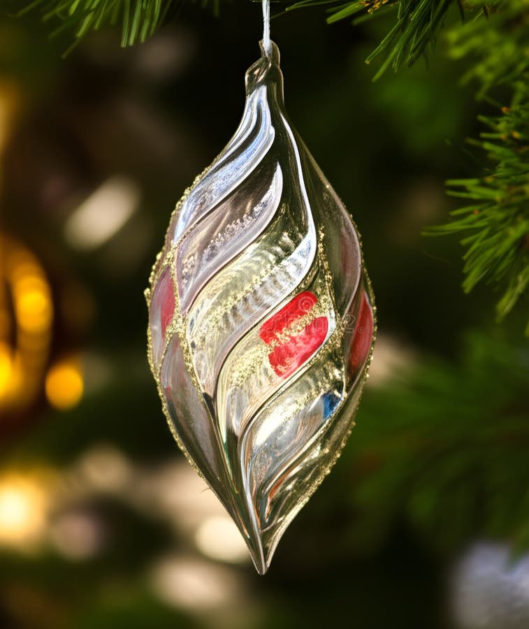 Beau ornement de noël en verre complexe accroché à la branche de sapin reflétant des lumières douces illustration libre de droits