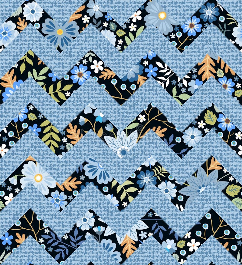 Beau patchwork dans des tons bleus Rayures de zigzag avec le tissu d'ornement floral et de jeans Configuration sans joint de chev illustration libre de droits Beau patchwork dans des tons bleus Rayures de zigzag avec le tissu d'ornement floral et de jeans Configuration sans joint de chev illustration libre de droits
