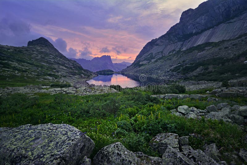 Beau paysage coloré de lever de soleil de lac pittoresque de montagne d'été avec l'herbe verte et les fleurs photos libres de droits Beau paysage coloré de lever de soleil de lac pittoresque de montagne d'été avec l'herbe verte et les fleurs photos libres de droits