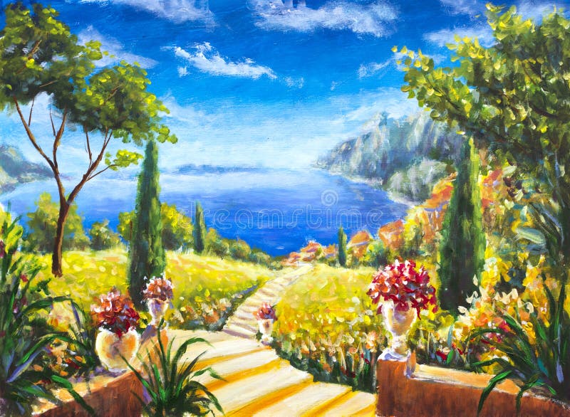 Beau paysage d'été de peinture faite main, route vers l'océan, vases avec les fleurs, grands arbres verts contre l'océan bleu, MO illustration stock Beau paysage d'été de peinture faite main, route vers l'océan, vases avec les fleurs, grands arbres verts contre l'océan bleu, MO illustration stock