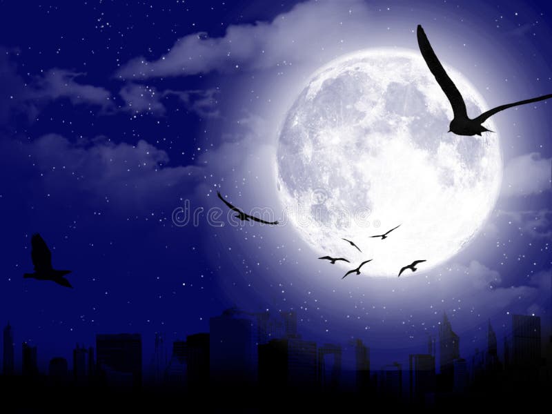 Beau Paysage De Lune Avec La Silhouette De Ville Photo stock - Image du  foncé, bleu: 32060782