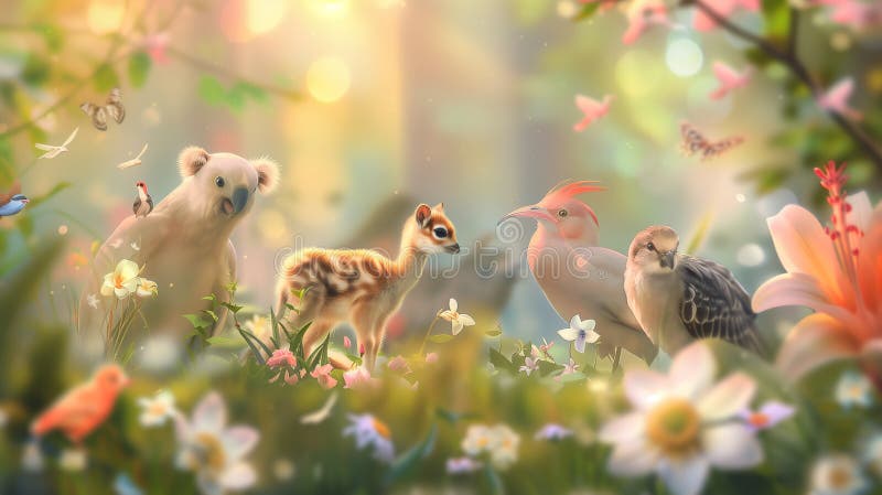 Beautiful spring landscape with birds and flowers, 3D illustration. Beautiful spring landscape with birds and flowers, 3D illustration