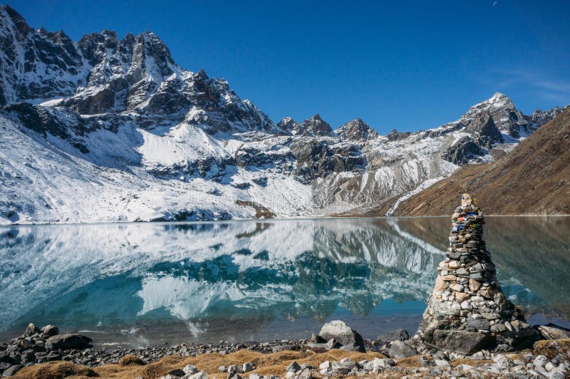 beau paysage scénique avec les montagnes et le lac neigeux, Népal, Sagarmatha, image libre de droits beau paysage scénique avec les montagnes et le lac neigeux, Népal, Sagarmatha, image libre de droits