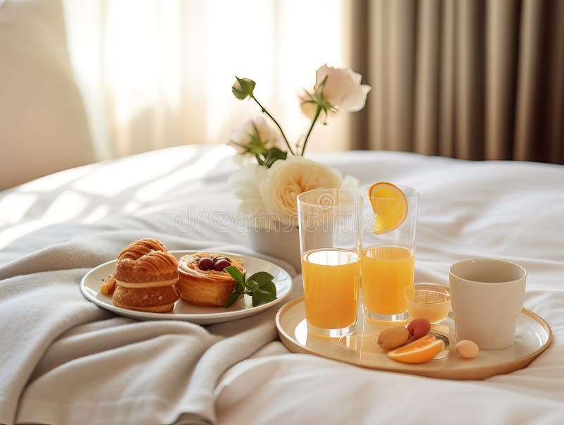 Beau Petit-déjeuner Confortable Au Lit Intérieur De La Chambre à