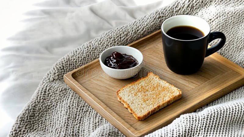 Beau plateau de petit-déjeuner avec café et toast sur un lit confortable illustration stock