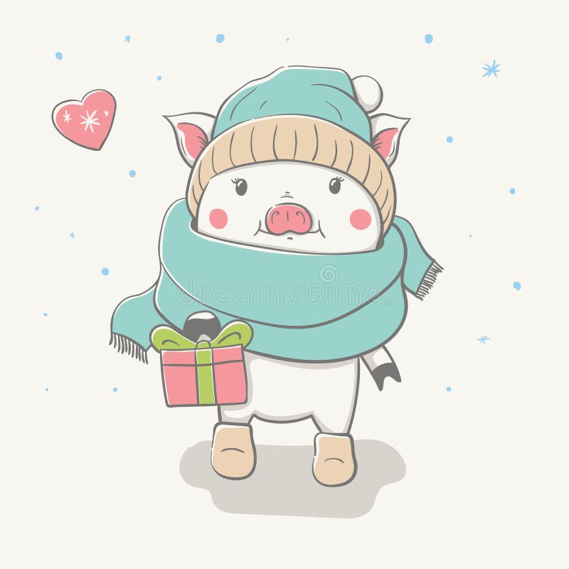 Beau porcin gai mignon entre dans une écharpe drôle, chapeau, et a senti des bottes avec un cadeau Carte avec l'animal de bande d illustration stock Beau porcin gai mignon entre dans une écharpe drôle, chapeau, et a senti des bottes avec un cadeau Carte avec l'animal de bande d illustration stock