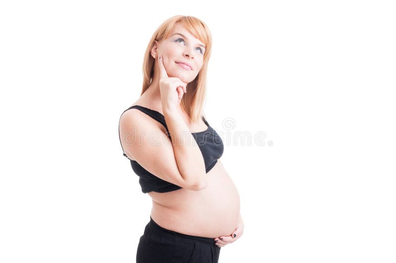 Beau se demander de pensée de femme enceinte ou rêvasser avec photo libre de droits Beau se demander de pensée de femme enceinte ou rêvasser avec photo libre de droits