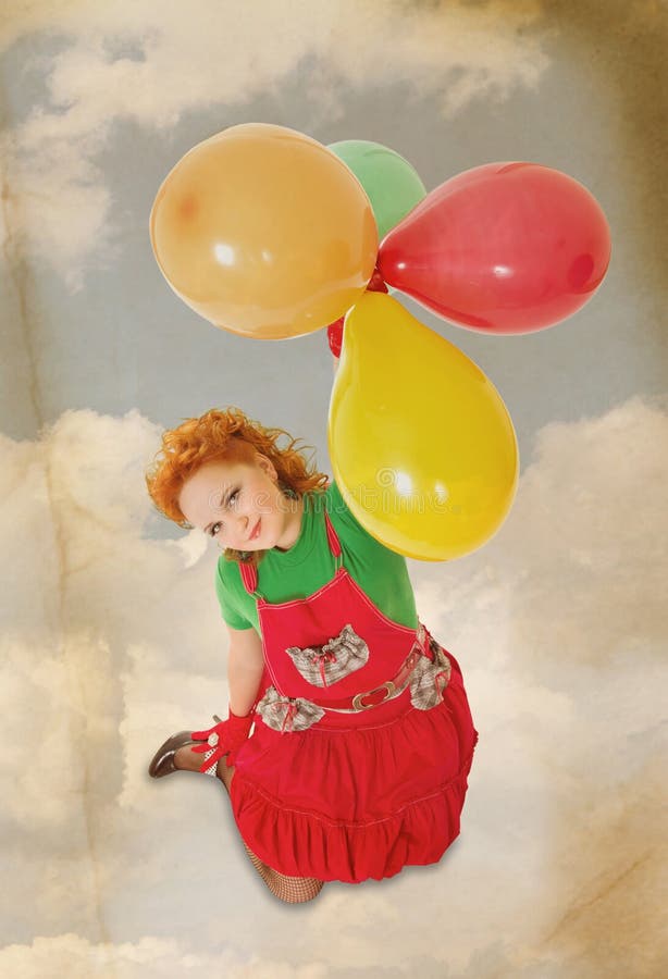 Beau vol heureux de fille avec des baloons dans le rétro type photographie stock Beau vol heureux de fille avec des baloons dans le rétro type photographie stock