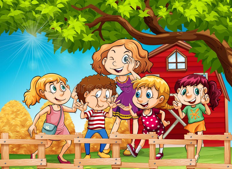 Beaucoup d'enfants dans la basse cour illustration de vecteur Beaucoup d'enfants dans la basse cour illustration de vecteur