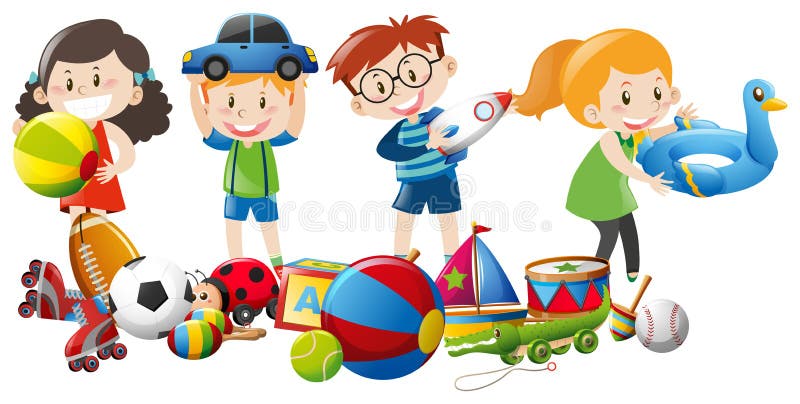 Beaucoup d'enfants jouant avec des jouets illustration de vecteur