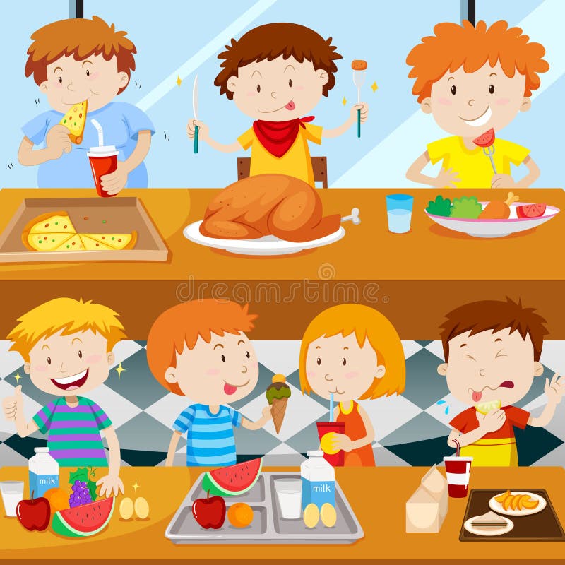 Beaucoup d'enfants mangeant dans la cantine illustration libre de droits Beaucoup d'enfants mangeant dans la cantine illustration libre de droits