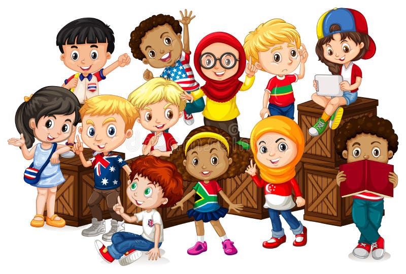 Beaucoup d'enfants s'asseyant sur les boîtes en bois illustration de vecteur Beaucoup d'enfants s'asseyant sur les boîtes en bois illustration de vecteur