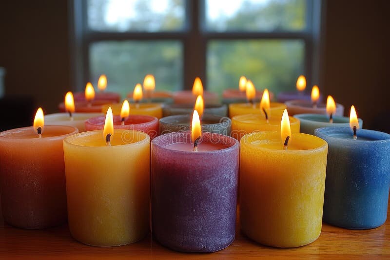 Beaucoup de bougies colorées brulant dans une rangée illustration de vecteur