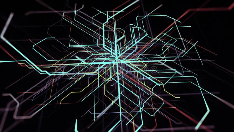 Beaucoup de passage et poutres de flexion isolée sur le fond noir. Animation. Beaucoup de connexions des lignes colorées se rassem illustration stock