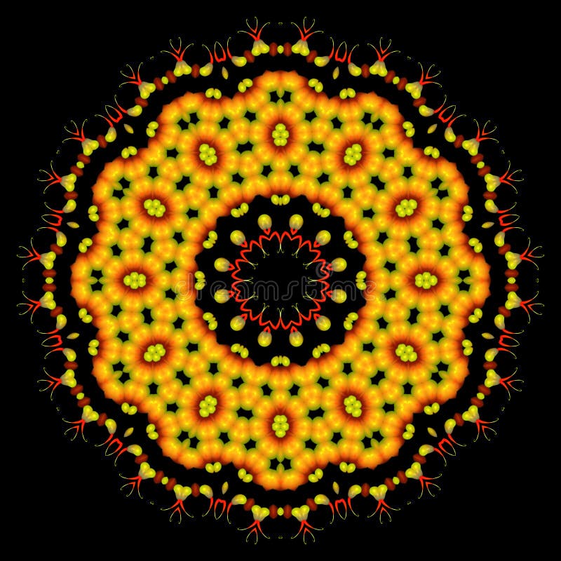 Beautiful abstract orange mandala ornament on black isolated background stock illustration Beautiful abstract orange mandala ornament on black isolated background stock illustration