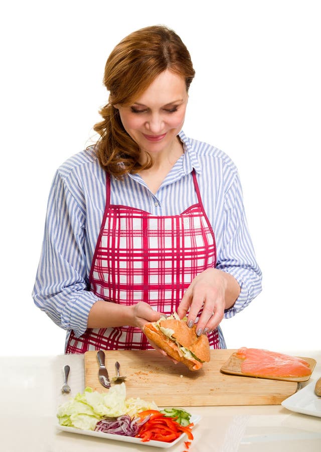 https://thumbs.dreamstime.com/b/beautiful-adult-woman-cooking-kitchen-young-healthy-food-salmon-slices-bread-143128452.jpg