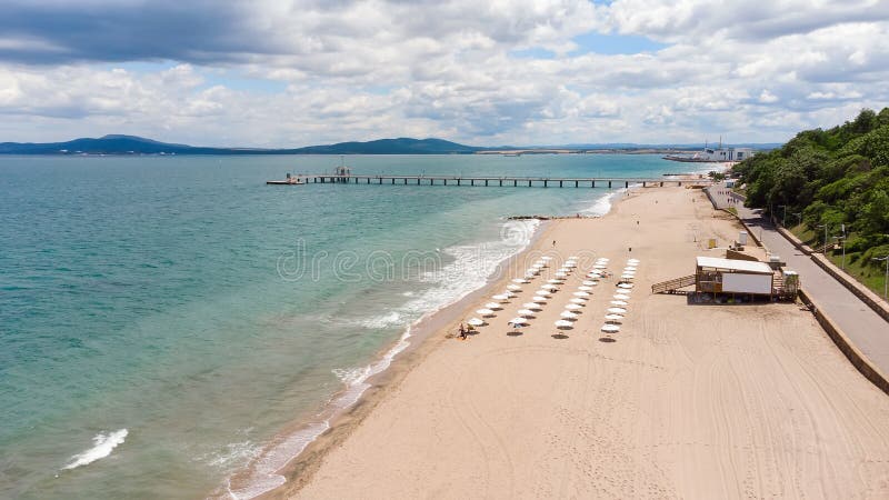 Beautiful aerial Black Sea seascape of the Burgas beach and Burgas bay, Bulgaria