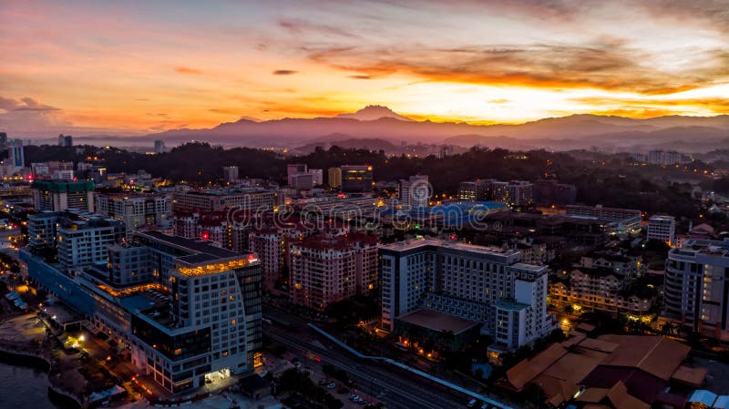 Beautiful Aerial View of Kota Kinabalu City during Twilight Sunrise