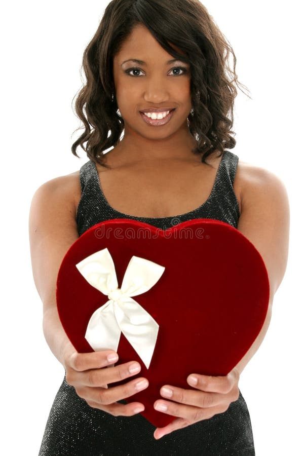 Beautiful African American Woman with Velvet Heart Candy Box royalty free stock image Beautiful African American Woman with Velvet Heart Candy Box royalty free stock image