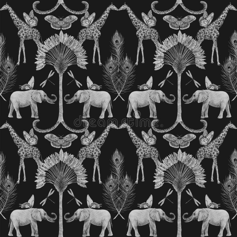 Beautiful african safari animal tropical seamless pattern. Trendy style. Print with elephants and giraffe. Dark