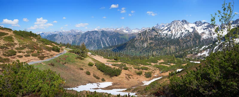 Beautiful allgau spring landscape, mountain panorama fellhorn with hiking path. To mid-station of the cablecar. blue sky with copy space stock photos Beautiful allgau spring landscape, mountain panorama fellhorn with hiking path. To mid-station of the cablecar. blue sky with copy space stock photos