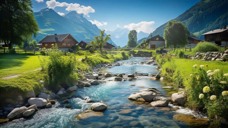 Beautiful Alps landscape with village, green fields and cows at sunny day. Swiss mountains at the background